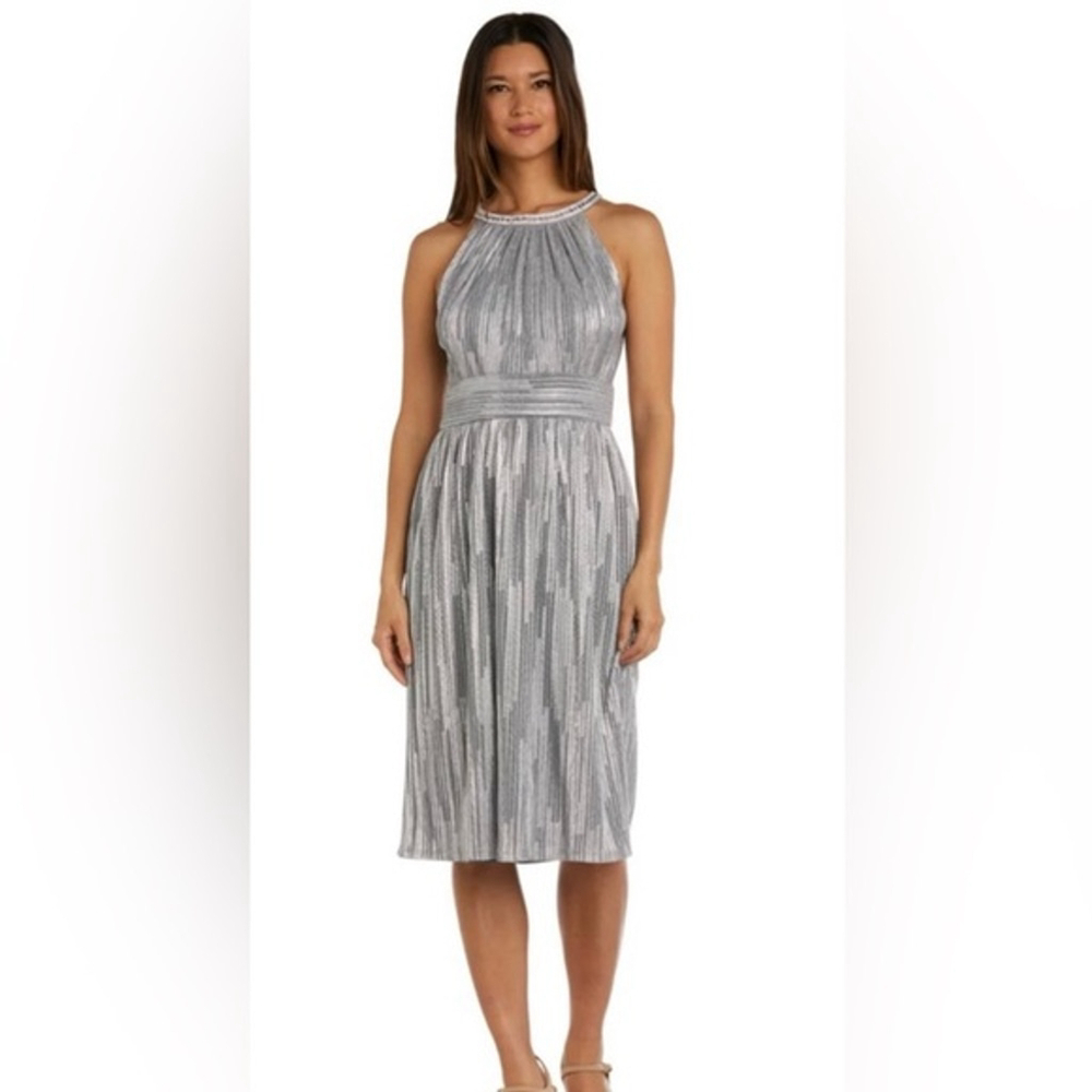 R&M Richards 2748 Beaded Silver‎ Halter Cocktail Dress 14